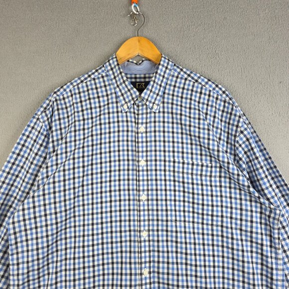 Cutter And Buck Shirt Mens Size LT Blue Gingham Grid Stitch Button Down Classic - Picture 2 of 13
